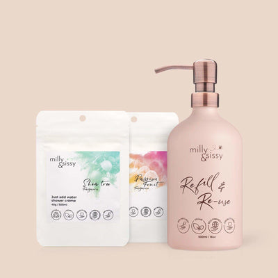 Shower Crème Set + Dispenser - Milly & Sissy - Body Wash & Soaps, Compostable, Gift Sets, Gifts, Milly & Sissy, Natural, Plastic Free, Vegan Friendly - The Ideal Sunday